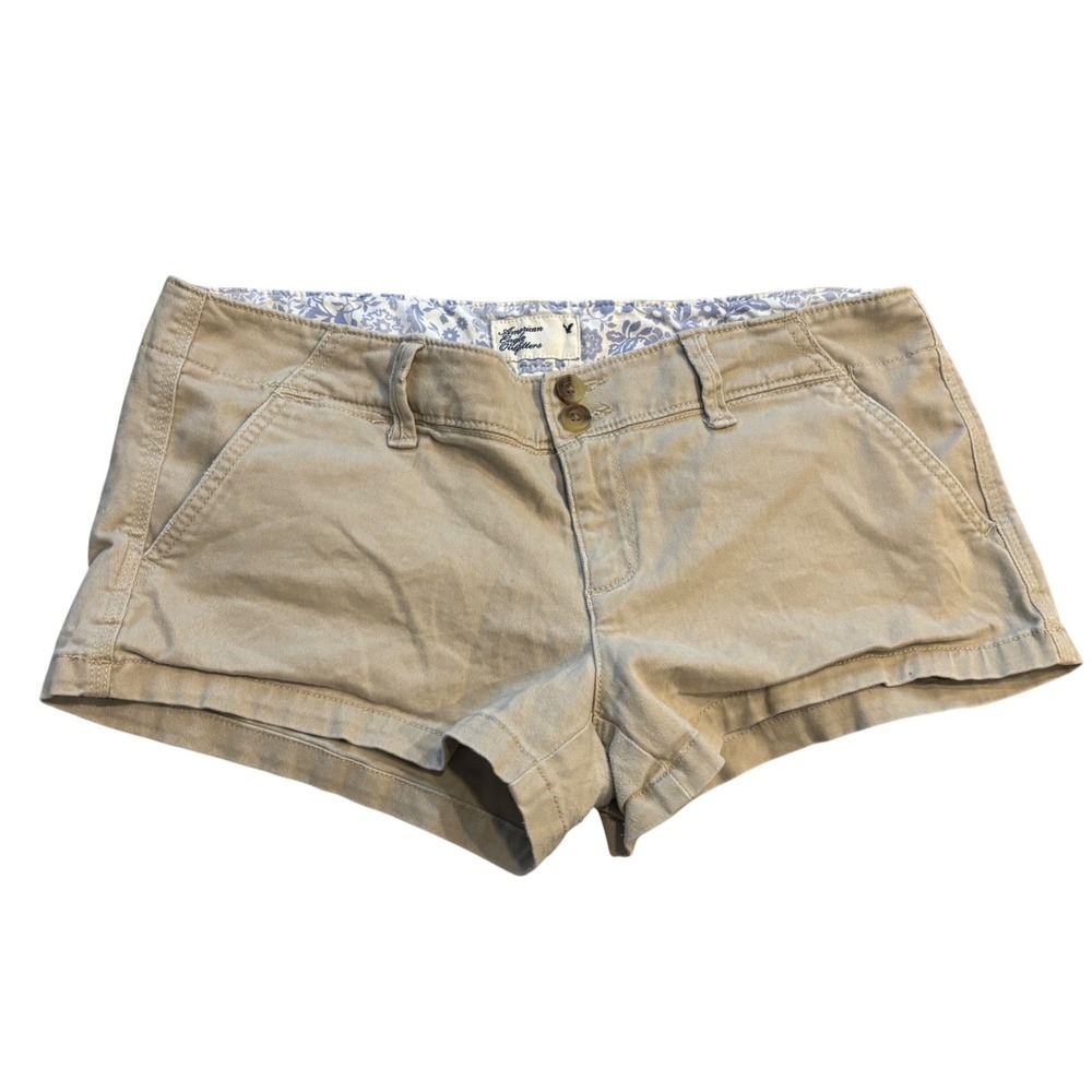 American Eagle Outfitters Khaki Chino Shorts Low Rise Sz 6 Floral Lining Y2K